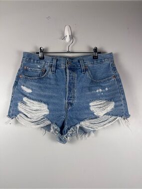 Levis 501 Original Womens Distressed Cut Off Denim Shorts Light Wash Blue W32